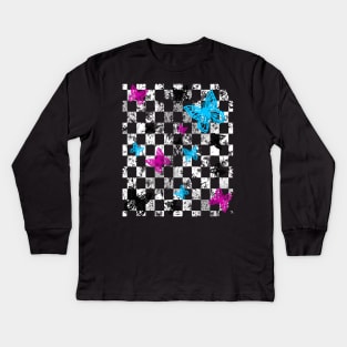 Butterfly Checkerboard (Light Version) Kids Long Sleeve T-Shirt